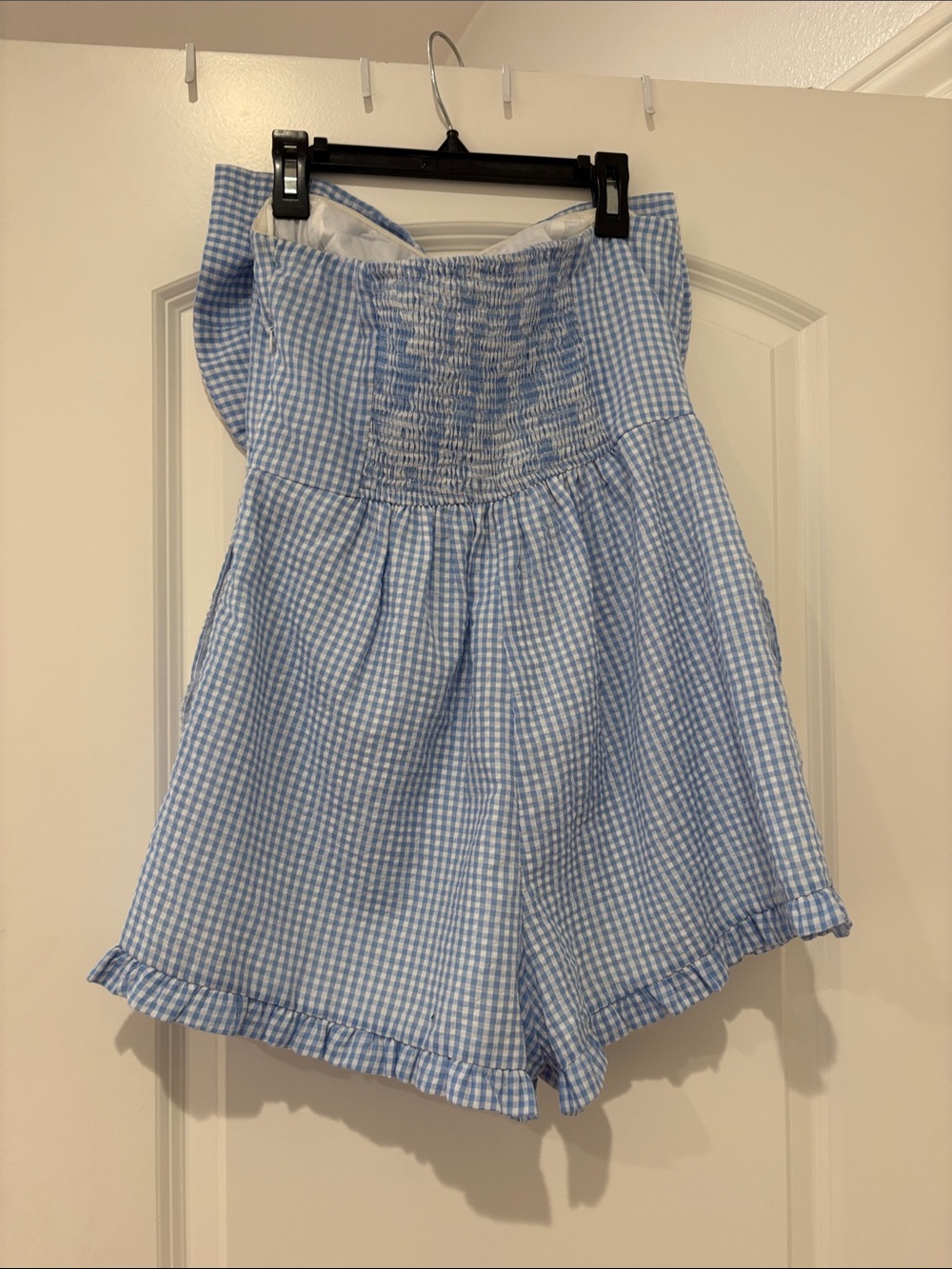 Light Blue Gingham Bow-Front Women’s romper - Picture 2 of 3